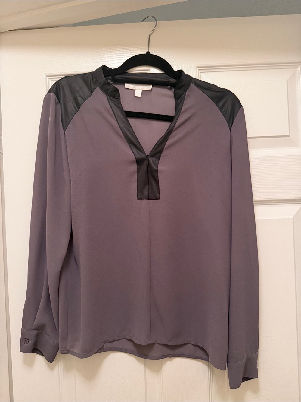 Lumiere Gray Long-Sleeve Blouse with Faux-Leather Trim